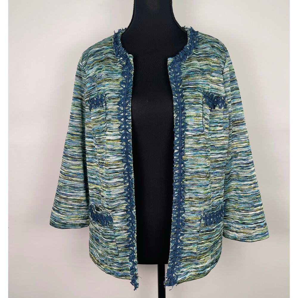 Chico’s Green Teal Tweed Open Front Blazer Cardigan Jacket Size 1 (Medium)